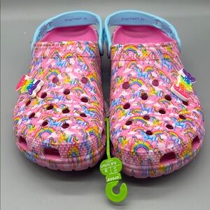 CROCS Lisa Frank unicorn print with Lisa Frank charms.